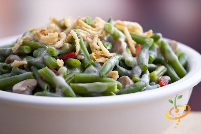 Tendergreen Bush Bean cooked green beans with creamy sauce and crispy onions in a white bowl