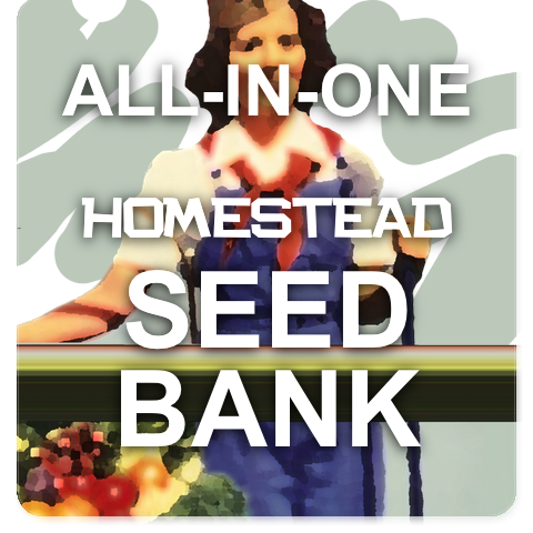 All-in-One Homestead Seed Bank logo with text over a farmer holding vegetables background