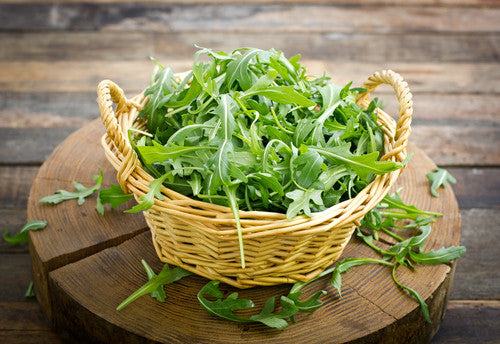 Fresh green arugula (rocket) seeds from SeedsNow, showing small seed grains ideal for planting and growing arugula.